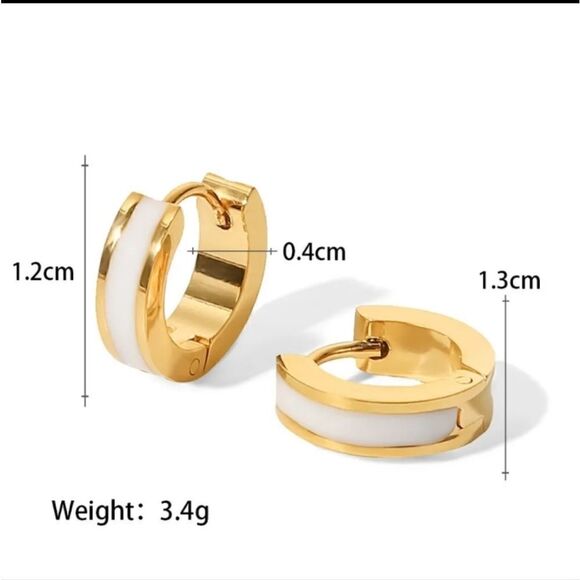 White Enamel Small Hoop Huggie Earrings Gold Plated - Picture 2 of 5